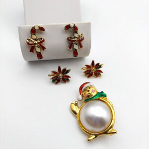 Vintage Christmas Brooch Earrings Lot of 3 Snowman Pin Candy Cane Poinsettia